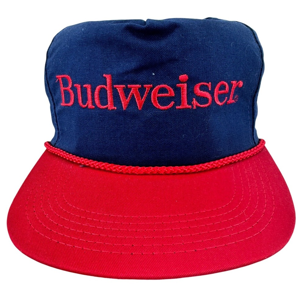 Vintage Budweiser Rope Hat Mens OSFA Blue Red Vintage Snapback USA Made Beer Cap